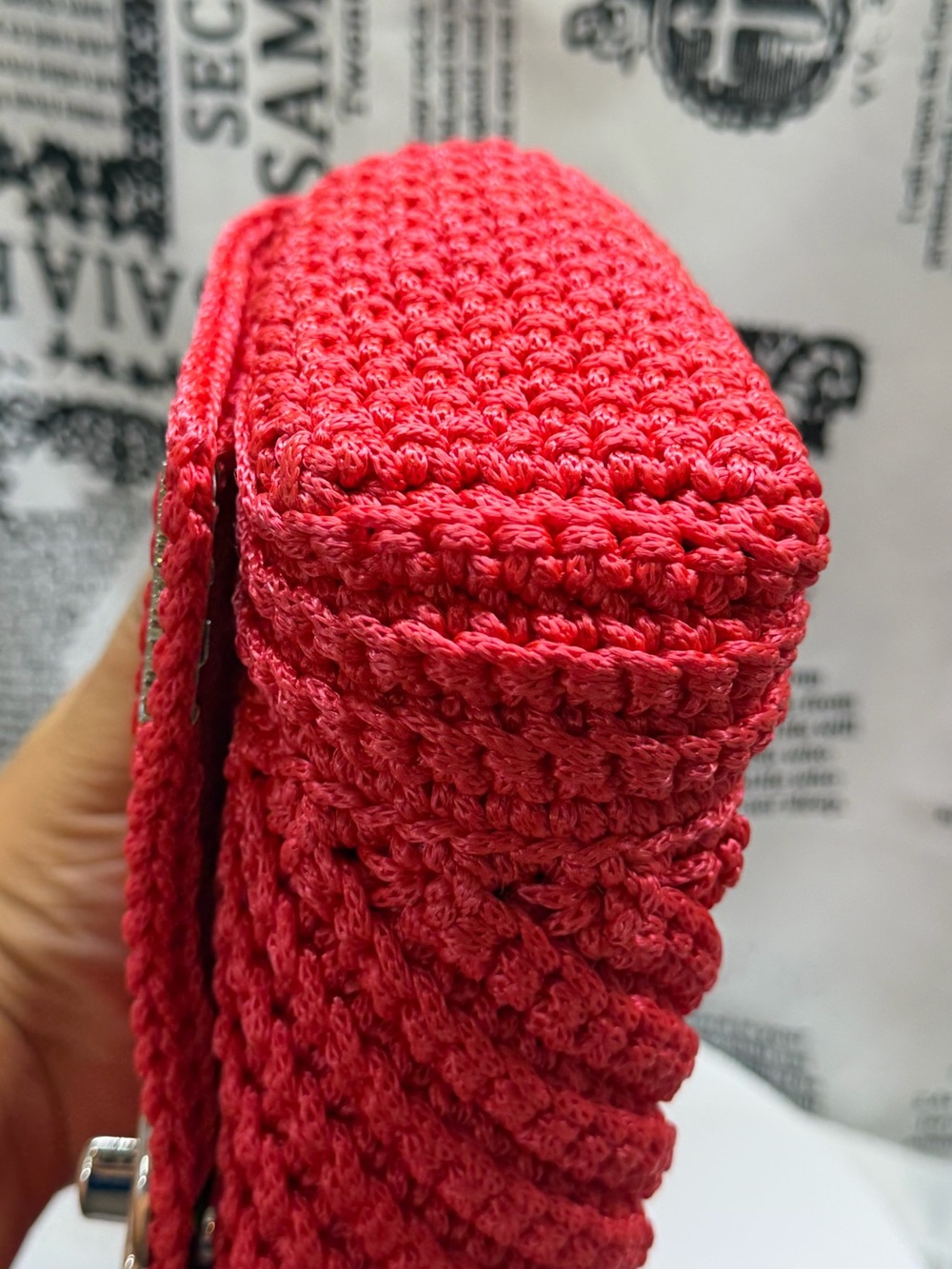 Handcrafted Red Crochet Top-Handle Bag with Scarf Accent - Picture 5 of 8